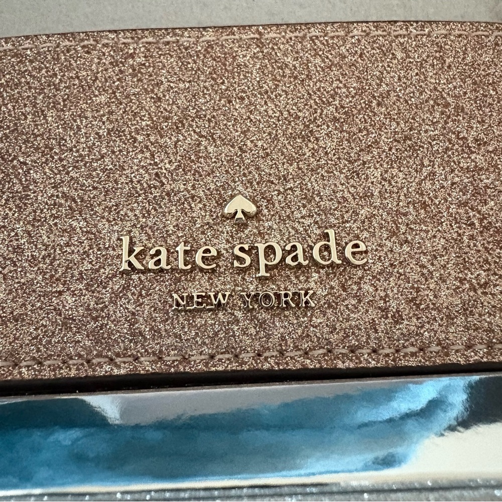 NWT kate spade Rose Gold Tinsel Small Slim Glitter Boxed Cardholder